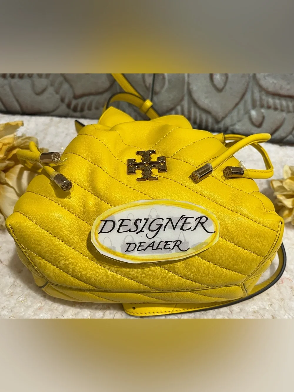 Tory Burch Yellow Kira Chevron Leather Drawstring Crossbody Bag